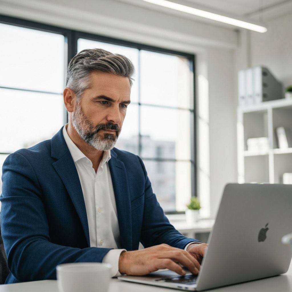 Focused man working on laptop